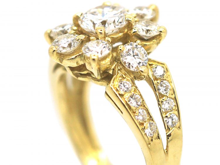 French 18ct Gold Diamond Cluster Ring with Split Shoulders set with Diamonds