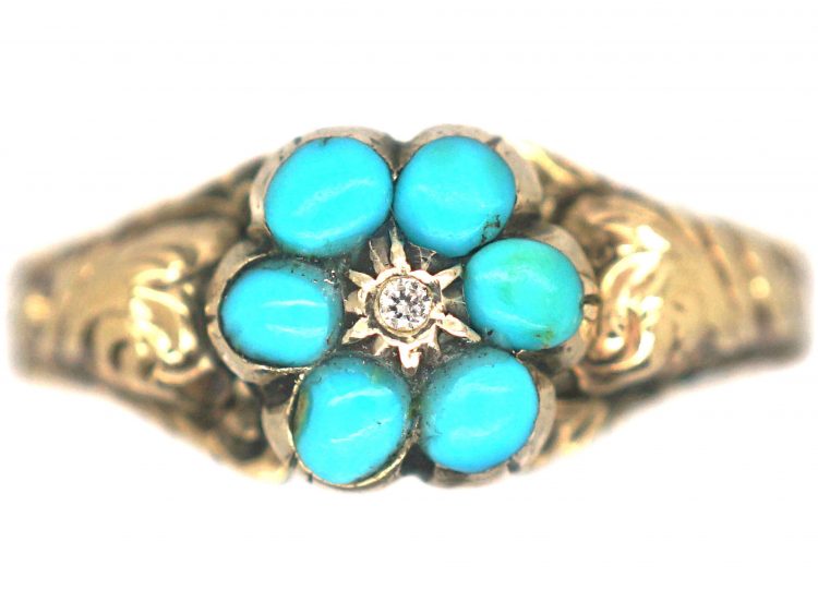 Regency 15ct Gold, Turquoise & Diamond Forget Me Not Cluster Ring