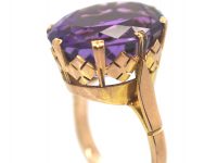 Retro 9ct Gold & Large Amethyst Ring with Ornate Gallery