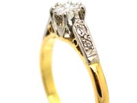 Art Deco 18ct Gold & Platinum, Diamond Solitaire Ring with Diamond Set Shoulders