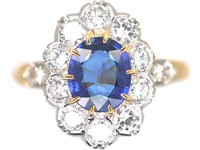 French 18ct Gold, Sapphire & Diamond Oval Cluster Ring with Diamond Set Shoulders