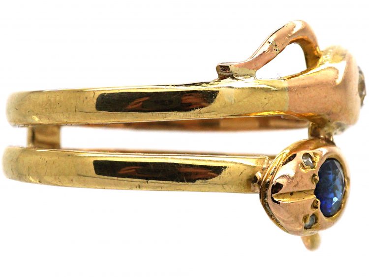 Edwardian 18ct Gold Double Snake Ring set with a Sapphire & a Diamond