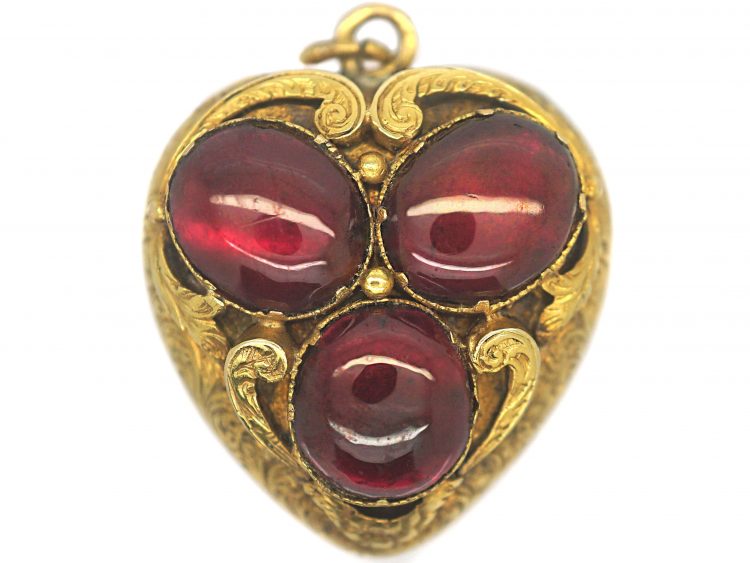 Victorian 15ct Gold & Cabochon Garnet Large Heart Shaped Pendant with Glazed Locket on Reverse