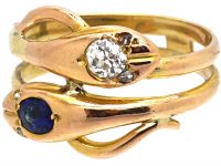 Edwardian 18ct Gold Double Snake Ring set with a Sapphire & a Diamond