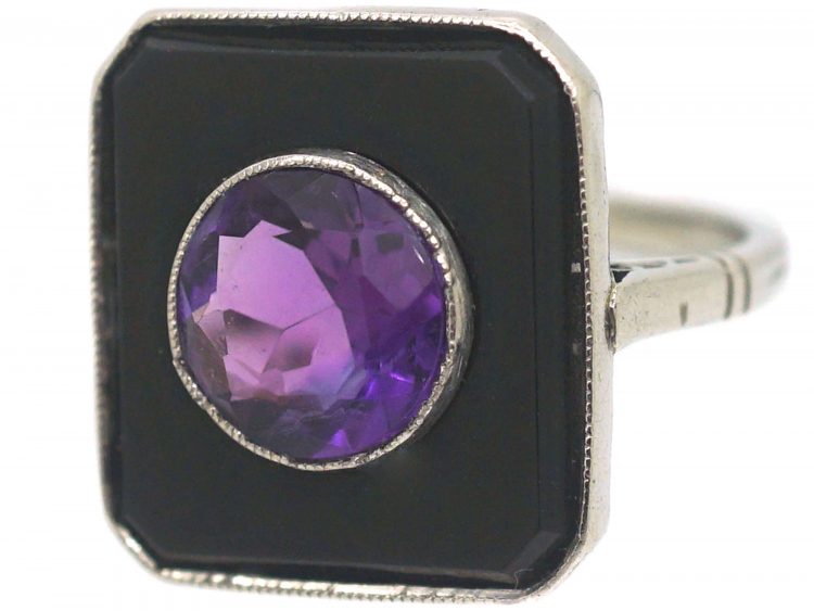 Art Deco Platinum, Onyx & Amethyst Geometric Ring