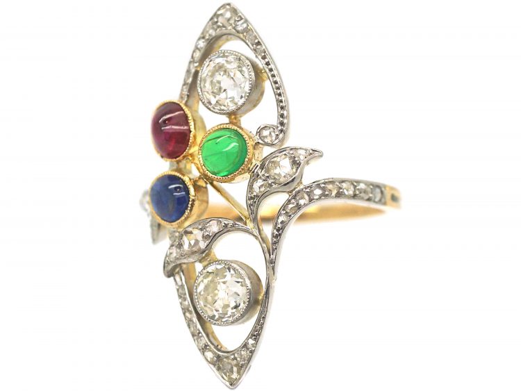 Art Nouveau 18ct Gold & Platinum, Diamond, Emerald, Ruby & Sapphire Ring