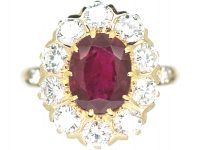 French 18ct Gold, Ruby & Diamond Cluster Ring with Diamond Set Shoulders