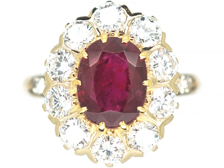 French 18ct Gold, Ruby & Diamond Cluster Ring with Diamond Set Shoulders