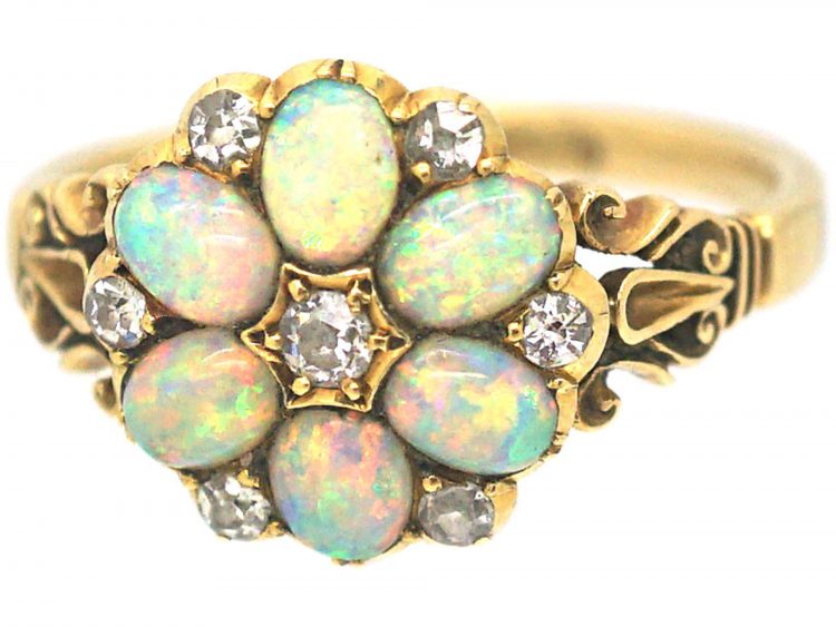 Edwardian 18ct Gold Opal & Diamond Cluster Ring