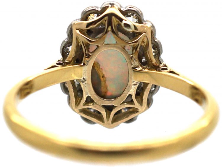 Edwardian 18ct Gold & Platinum, Opal & Diamond Cluster Ring