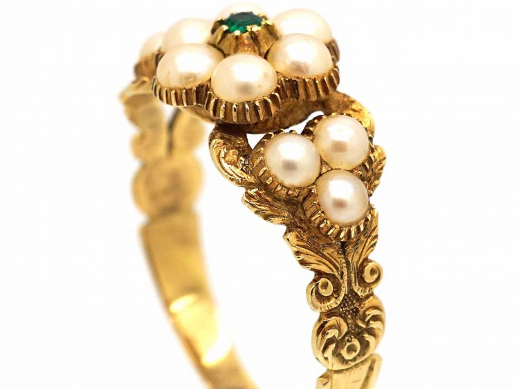 Regency 15ct Gold, Natural Split Pearl & Emerald Cluster Ring
