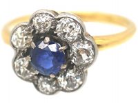 Edwardian 18ct Gold & Platinum, Sapphire & Diamond Cluster Ring