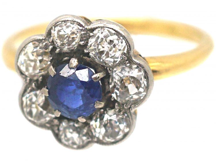 Edwardian 18ct Gold & Platinum, Sapphire & Diamond Cluster Ring