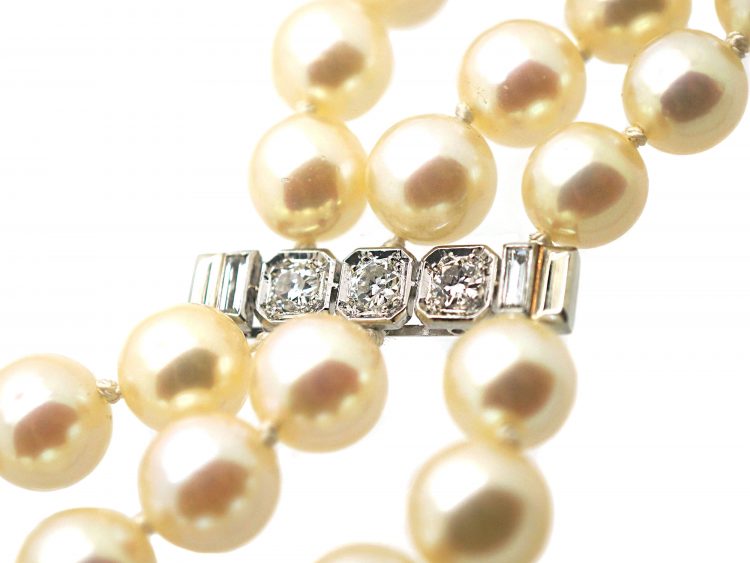 French Art Deco Cultured Pearl Three Row Necklace with Platinum & Diamond Clasp and Bars