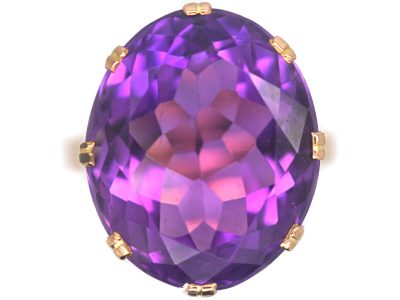 Retro 9ct Gold & Large Amethyst Ring with Ornate Gallery