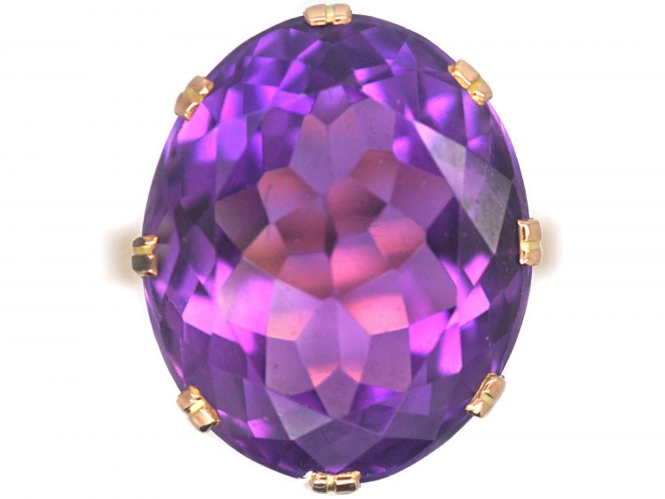 Retro 9ct Gold & Large Amethyst Ring with Ornate Gallery