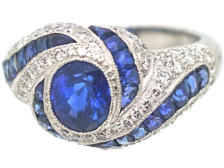 French 18ct White Gold, Sapphire & Diamond Spiral Ring