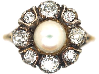 Edwardian 18ct Gold & Silver, Pearl & Diamond Cluster Ring