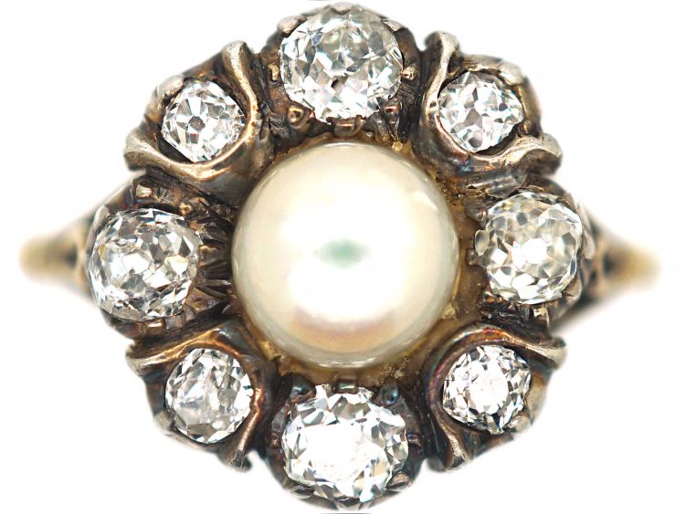 Edwardian 18ct Gold & Silver, Pearl & Diamond Cluster Ring