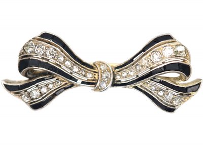 Art Deco 18ct Gold & Platinum, Onyx & Diamond Bow Brooch