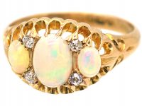 Edwardian 18ct Gold, Three Stone Opal & Diamond Ring