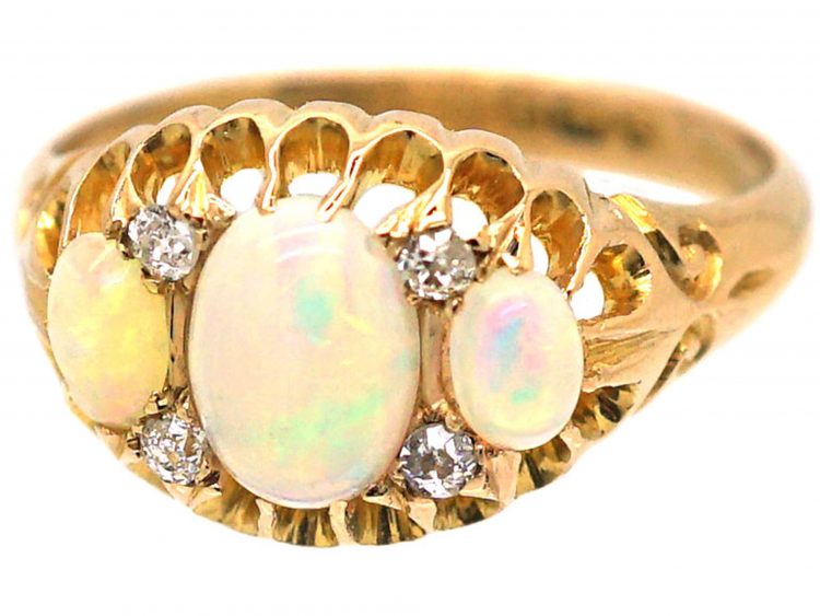 Edwardian 18ct Gold, Three Stone Opal & Diamond Ring