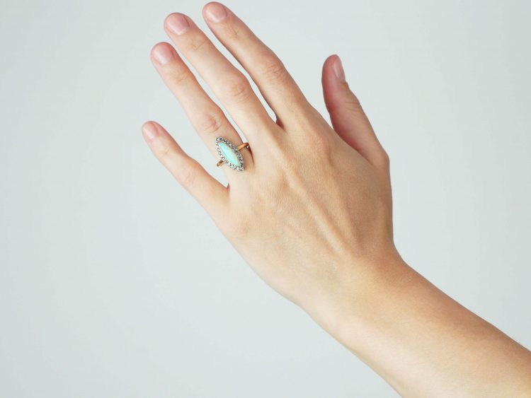 French 18ct Gold Belle Epoque Opal & Rose Diamond Marquise Ring