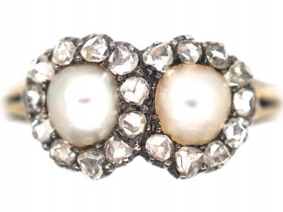 Victorian 18ct Gold Double Heart Ring set with Natural Pearls & Rose Diamonds