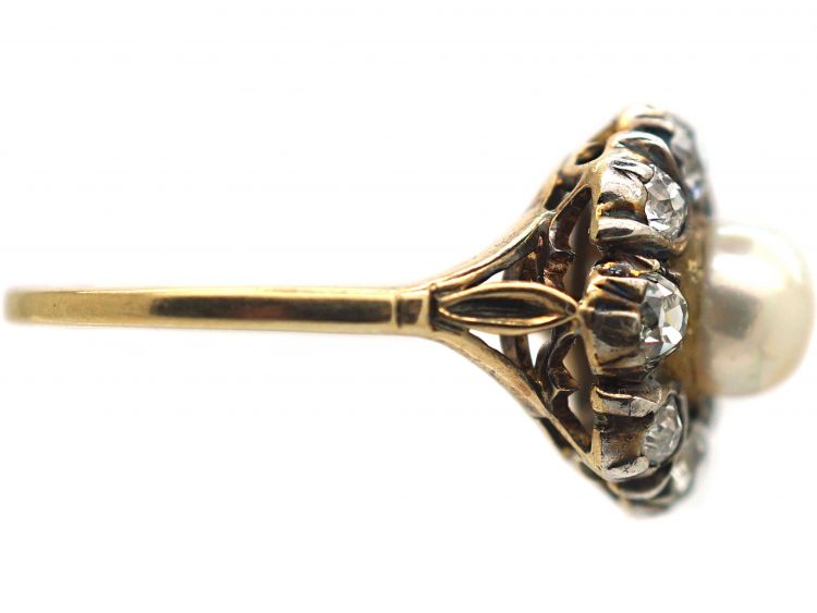 Edwardian 18ct Gold & Silver, Pearl & Diamond Cluster Ring