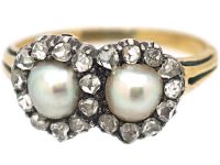 Victorian 18ct Gold Double Heart Ring set with Natural Pearls & Rose Diamonds