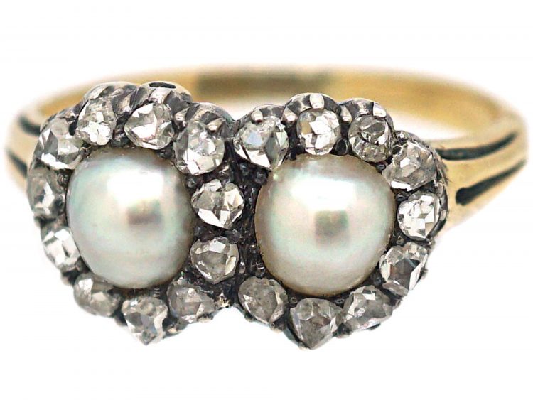 Victorian 18ct Gold Double Heart Ring set with Natural Pearls & Rose Diamonds