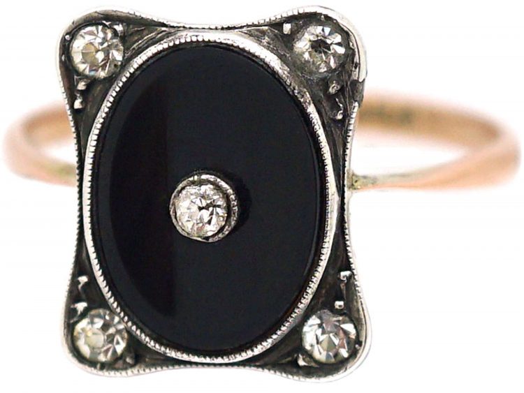 Art Deco 9ct Gold & Silver, Onyx & Paste Ring