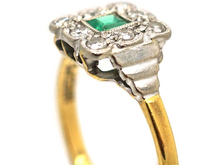 Art Deco 18ct & Platinum, Emerald & Diamond Square Shaped Ring