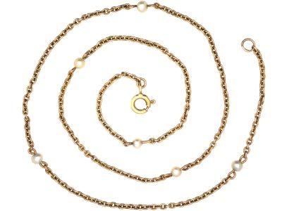 Edwardian 15ct Gold & Natural Pearl Chain with 9ct Gold Spring Clasp