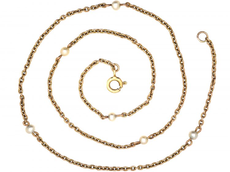 Edwardian 15ct Gold & Natural Pearl Chain with 9ct Gold Spring Clasp