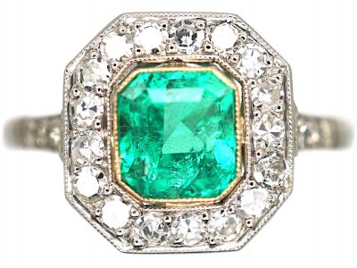 Art Deco Platinum, Emerald & Diamond Octagonal Cluster Ring