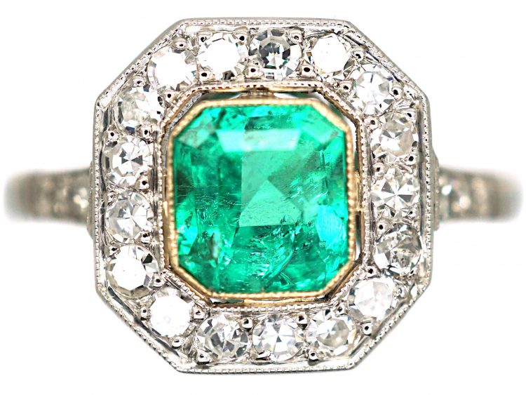 Art Deco Platinum, Emerald & Diamond Octagonal Cluster Ring