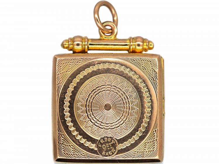 Edwardian 9ct Gold Back & Front Square Locket with Engine Turned Detail