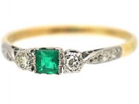Art Deco 18ct Gold & Platinum, Three Stone Emerald & Diamond Ring