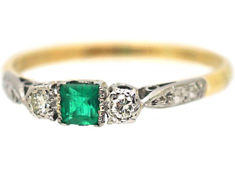 Art Deco 18ct Gold & Platinum, Three Stone Emerald & Diamond Ring