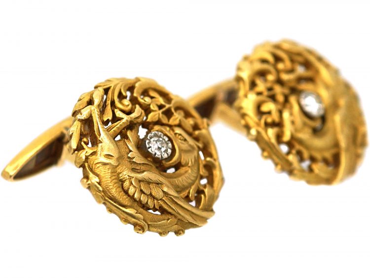 French Art Nouveau 18ct Gold & Diamond Griffin Cufflinks