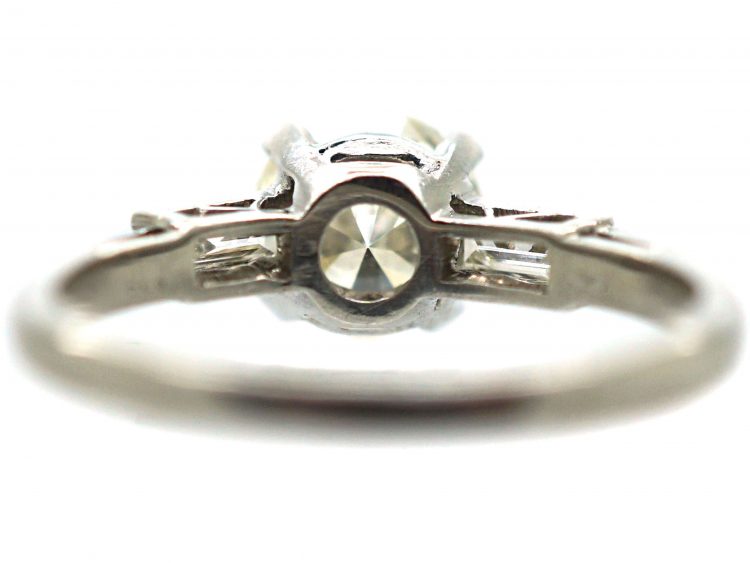 Art Deco Platinum, Diamond Solitaire Ring with Baguette Diamond Shoulders