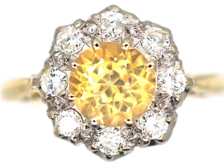 18ct Gold & Platinum, Yellow Sapphire & Diamond Cluster Ring