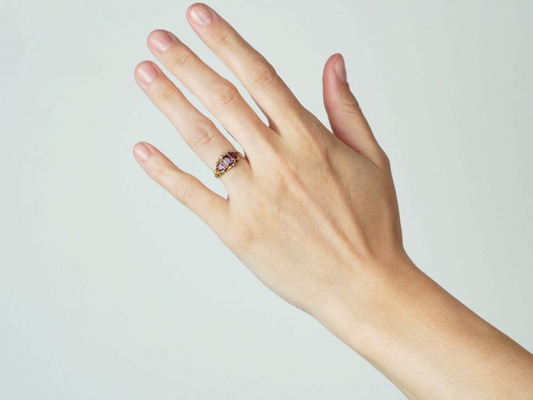 Victorian 15ct Gold Ring set with Two Heart Shaped Almandine Garnets