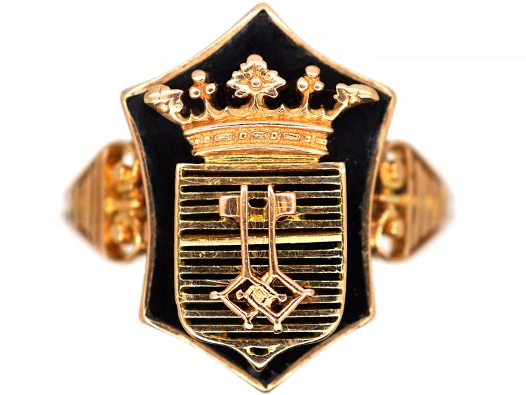 19th Century 18ct Gold & Onyx Ring with Coronet & Two Keys