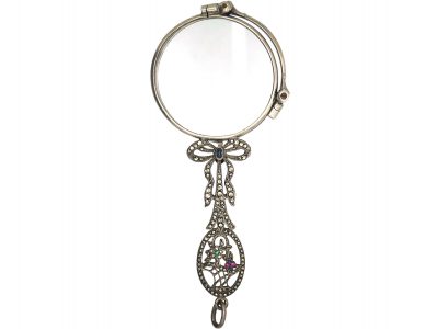 Art Deco Silver Lorgnette With a Marcasite & Gemstone Bow & Flower Basket Handle in Original Box