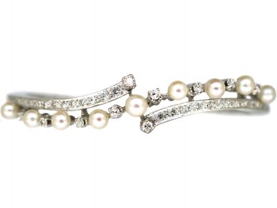 14ct White Gold Diamond & Pearl Crossover Bangle