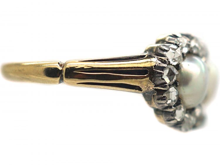Victorian 18ct Gold Double Heart Ring set with Natural Pearls & Rose Diamonds