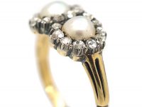 Victorian 18ct Gold Double Heart Ring set with Natural Pearls & Rose Diamonds
