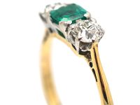 Art Deco 18ct & Platinum, Emerald & Diamond Three Stone Ring